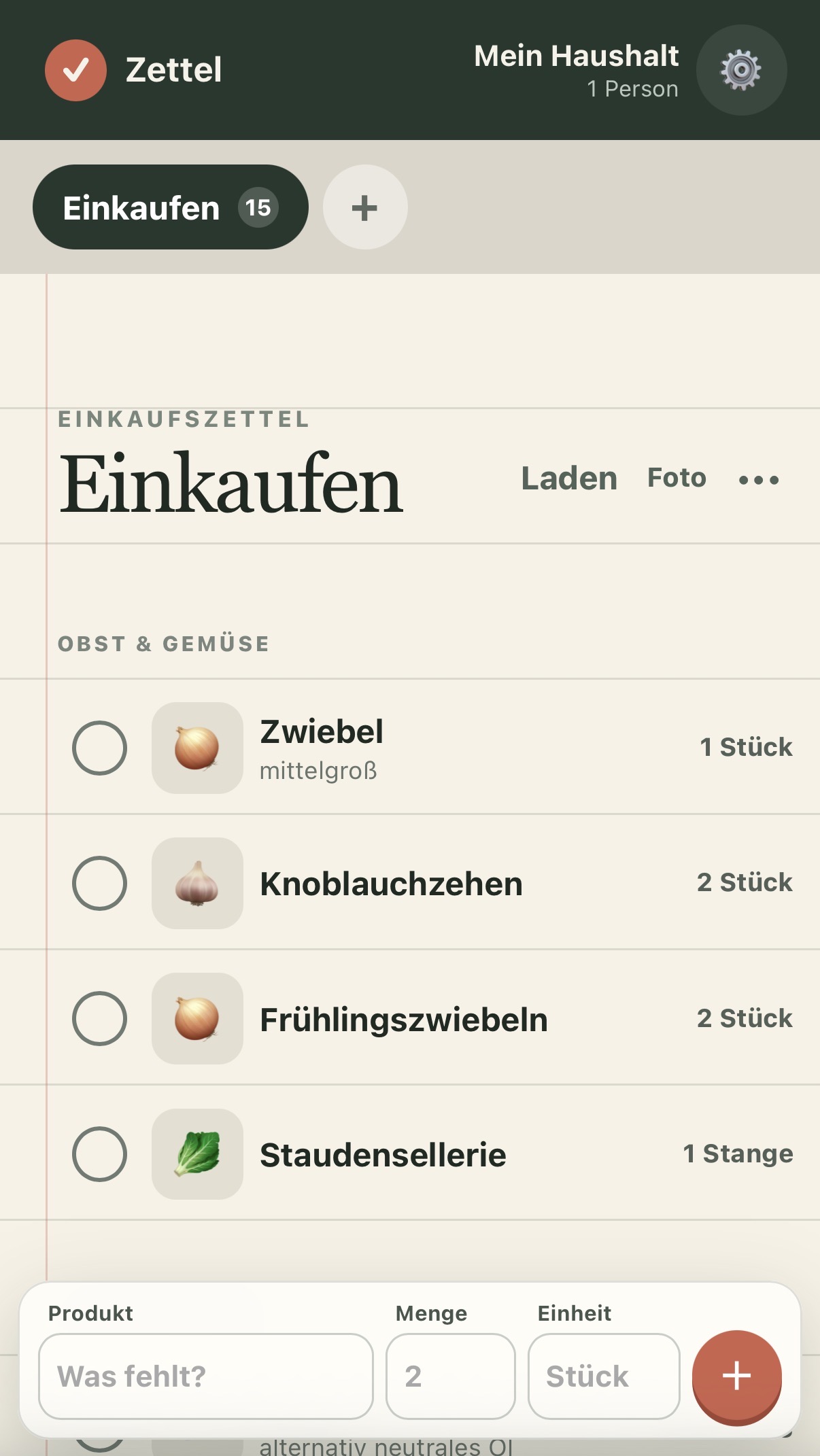 Screenshot of the shopping list app