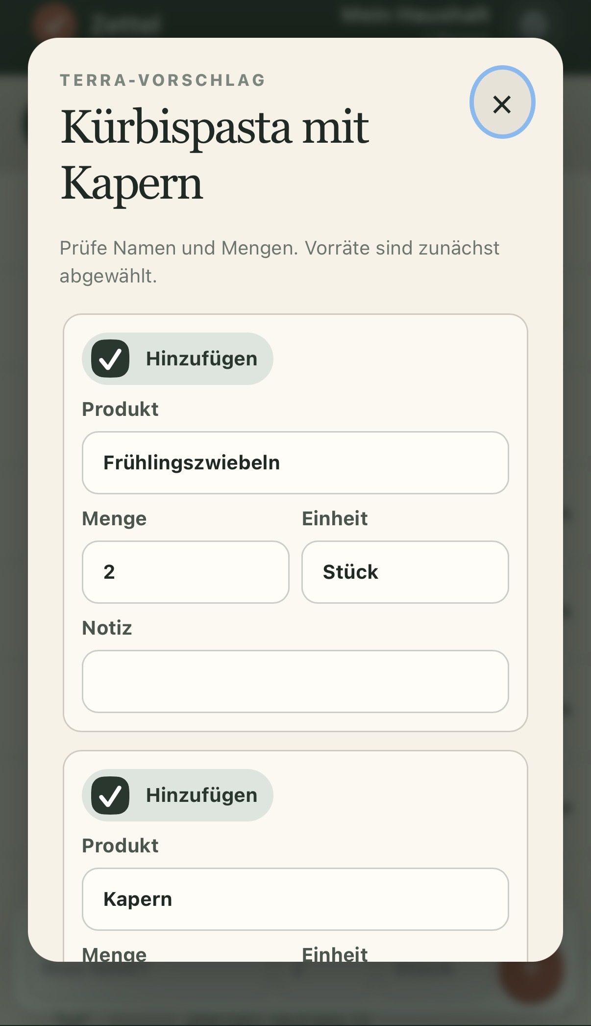 Ingredients detected from the recipe