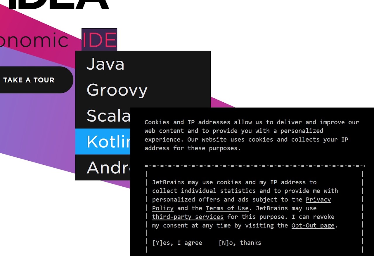 The coolest cookie consent page is from IntelliJ IDEA - very nice ASCII DOS look even with [Y]es and [N]o links :-)