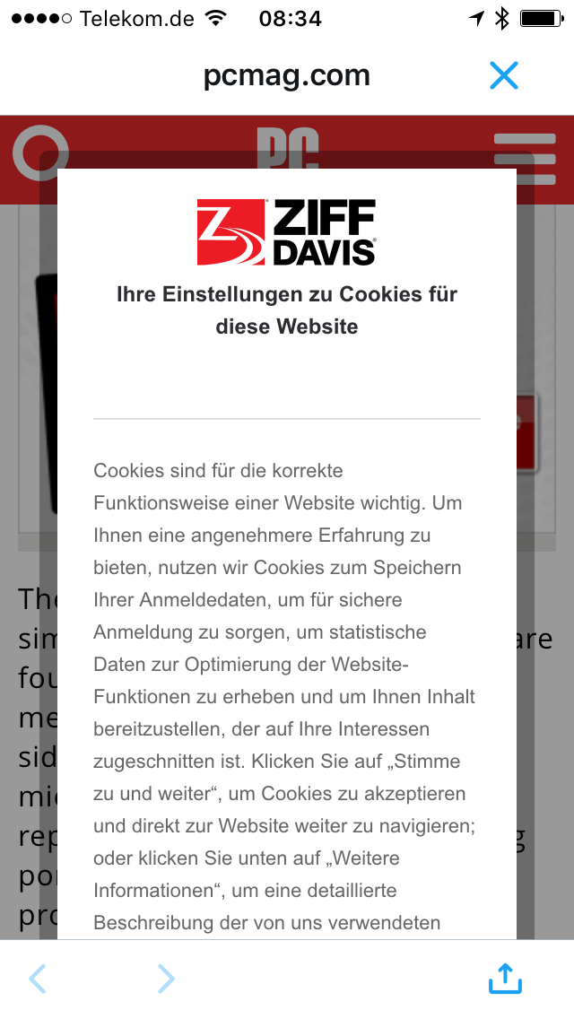 The worst cookie banner of them all: pcmag.com (on my iPhone)

We learn: the translation to other languages (like German) often takes more space. And if you do it wrongly, all of a sudden there's no "I agree" button to be seen.